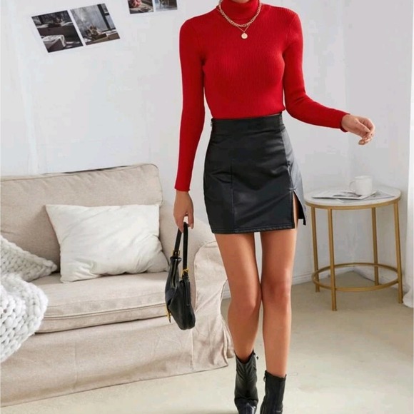 NEW Red Turtleneck Ribbed Knit Slim Fit Sweater - Picture 5 of 8